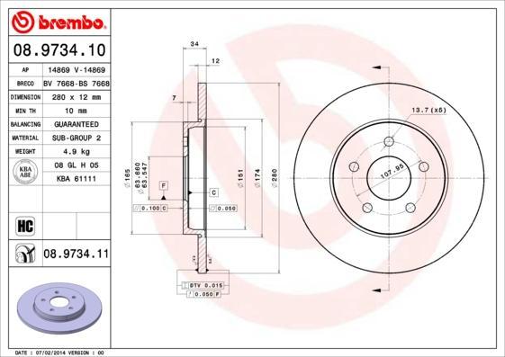 BREMBO Диск тормозной не вент. задний FORD MONDEO III (B5Y) (11/00-08/07) R (4179406, 08.9734.11)