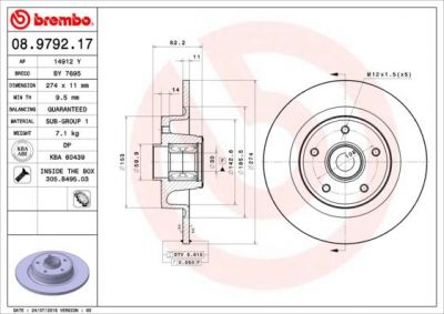 BREMBO Диск тормозной не вент. задний RENAULT LAGUNA II Grandtour (KG0/1_) (03/01-) R (8200367094, 08.9792.17)