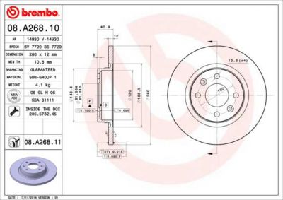 BREMBO Диск тормозной перед. RENAULT Logan 1,4-1,6L 09/04-> (ABS ) 7701208252 (6001547683, 08.A268.10)