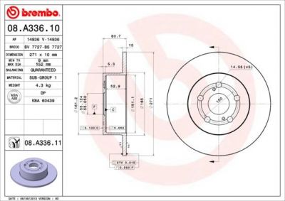 Brembo 08.A336.11 тормозной диск на TOYOTA AVENSIS (_T22_)