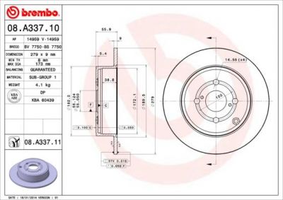 Brembo 08.A337.11 Диск тормозной TOYOTA COROLLA E12 02- задний