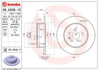 Brembo 08.A338.11 тормозной диск на TOYOTA AVENSIS (_T22_)