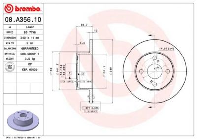 BREMBO Диск тормозной не вент. задний TOYOTA COROLLA Wagon (__E11_) (04/97-01/02) R (4243112190, 08.A356.10)