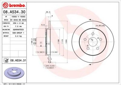 BREMBO Торм.диск зад.[259x9] 5 отв.[min 2] (08.A534.30)
