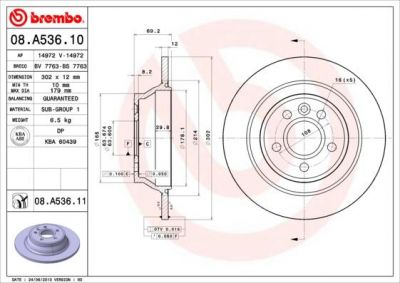 BREMBO Диск тормозной не вент. задний VOLVO XC70 II (08/07-) R (заменен на 08.A536.11) (30769058, 08.A536.10)