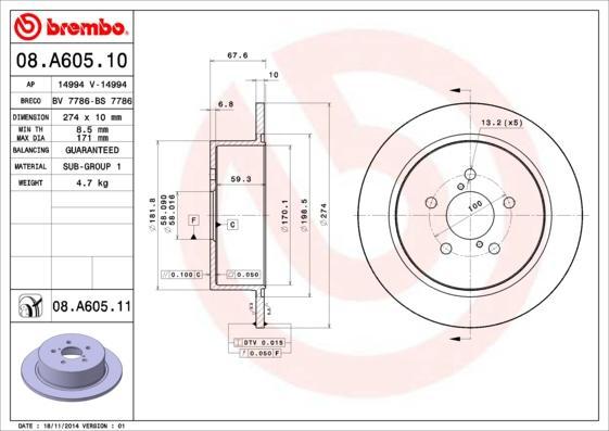BREMBO Диск тормозной Subaru LEGACY IV 2.0 (08.A605.10)