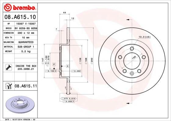 Brembo 08.A615.10 тормозной диск на PEUGEOT 508