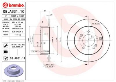 BREMBO Торм.диск задн.[275x10] 5 отв.(min2) (08.A631.10)