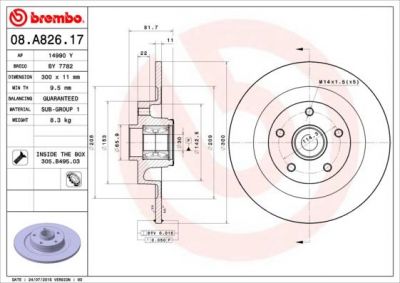 BREMBO Диск тормозной не вент. задний RENAULT Laguna III Grandtour (KT0/1) ( 9.08->) R (402020003R, 08.A826.17)