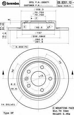 BREMBO Диск тормозной Chevrolet CRUZE (J300) 1.6 (13502139, 08.B351.10)