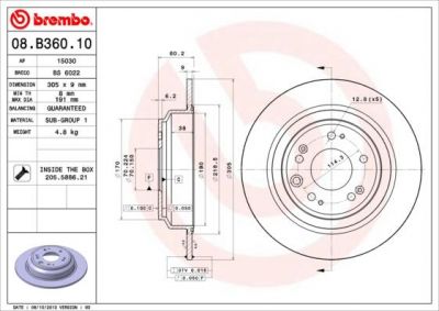 Brembo 08.B360.10 Диск тормозной HONDA ACCORD 2.4 08- задний D=305мм.