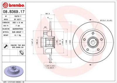 Brembo 08.B369.17 тормозной диск на RENAULT MEGANE III Наклонная задняя часть (BZ0_)