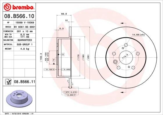 Brembo 08.B566.10 тормозной диск на TOYOTA CAMRY седан (_XV4_)