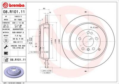 BREMBO Диск тормозной MERCEDES ML W164/R W251 280-350 05- задний не вент. D=330мм. (08.R101.11, 08.R101.11)