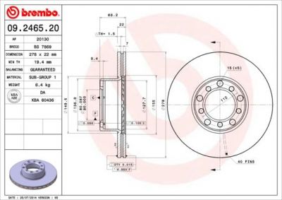 Brembo 09.2465.20 тормозной диск на MERCEDES-BENZ S-CLASS (W126)