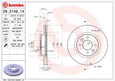 Brembo 09.3149.14 тормозной диск на RENAULT 25 (B29_)
