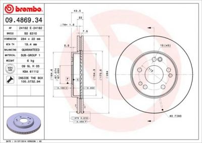 BREMBO Диск тормозной MERCEDES W201 2.3/2.5/W124 200-300 передний D=284мм. (561331, 09.4869.34)