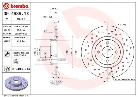 BREMBO Диск тормозной передн, CITROENU NEMO 08- FIAT: BRAVO II 06-, DOBLO 01-, STILO 01-10 LANCIA: DELTA III 08-, LYBRA 99-05 PEUGEOT: BIPPER 08- (09.4939.1X)
