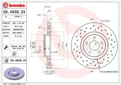 BREMBO Диск тормозной передн, ALFA ROMEO: 147 00-10, 156 97-05 FIAT: DOBLO 10- OPEL: COMBO 12- (09.4939.2X)