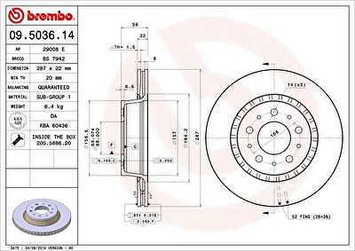 BREMBO Торм.диск пер.вент.[287x22] 5 отв.[min2] VOLVO 740-780 2,0T-2,8 87-91 F (09.5036.14)
