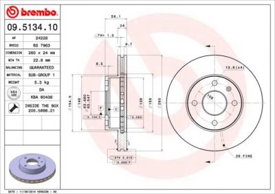 BREMBO Диск тормозной FORD SIERRA 1.6-2.9 82-93 передний вент.D=260мм. (561275J, 09.5134.10)