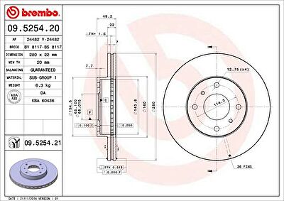 Brembo 09.5254.21 тормозной диск на NISSAN PRIMERA Traveller (WP11)