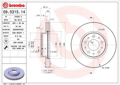 BREMBO Диск тормозной VOLVO 740/760 85-92/940/960 90-98 передний D=280мм. (561512J, 09.5315.14)