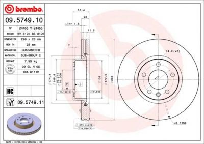 BREMBO Диск тормозной OPEL OMEGA A 87-94/OMEGA B 94-03/SENATOR B 87-93 передний D=296мм (569044, 09.5749.10)