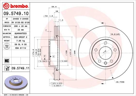 BREMBO Диск тормозной OPEL OMEGA A 87-94/OMEGA B 94-03/SENATOR B 87-93 передний D=296мм (569044, 09.5749.10)