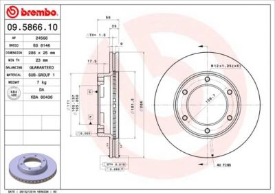 BREMBO Диск тормозной вент. передний TOYOTA LAND CRUISER 80 (_J8_) (01/90-02/98) F (43512-60050, 09.5866.10)