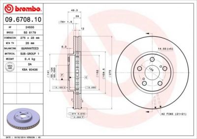 BREMBO Диск тормозной TOYOTA AVENSIS 1.6-2.0 97-03/CELICA 1.6-2.0 86-99 передний (4351220630, 09.6708.10)