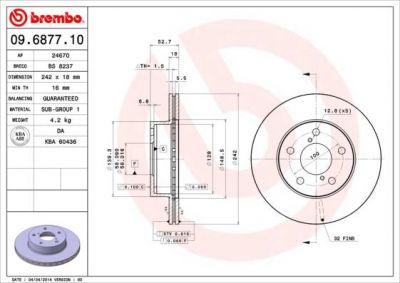 BREMBO Диск тормозной SUBARU IMPREZA 92-00 без АБС/LEGACY 1.8 89-91 передний D=242мм. (26310-AA001, 09.6877.10)