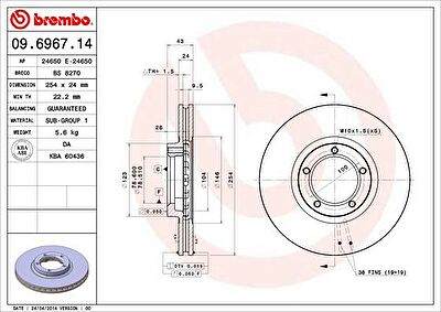 BREMBO Диск торм.пер. вент. Transit 1, 91-3, 00 5025610 (561624J, 09.6967.14)