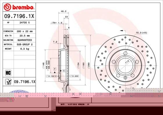 BREMBO Диск тормозной передн, AUDI: A4 1.6/1.8/1.8 quattro/1.9 TDI 94-01, A4 1.6/1.9 TDI 00-04, A4 1.6/1.9 TDI/2.0 TDI 04-08, A4 Avant 1.6/1.8/1.8 quattro/1.9 DUO/1.9 TDI 9 (09.7196.1X)