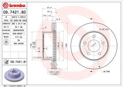 BREMBO Диск тормозной JEEP Cherokee 2.5 - 4.0 - TD 2.5 (XJ) (90-9.98) F (52008440, 09.7421.80)