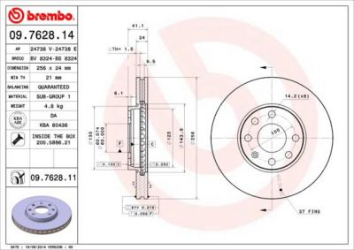 BREMBO Диск тормозной OPEL ASTRA G 1.2-2.0 98-05 передний D=256мм. (562069J, 09.7628.14)