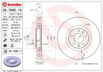 Brembo 09.7680.11 тормозной диск на PEUGEOT 607 (9D, 9U)