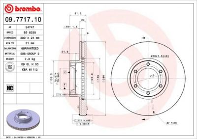 BREMBO Диск тормозной OPEL LCV Movano all models (98->) F (562105J, 09.7717.10)