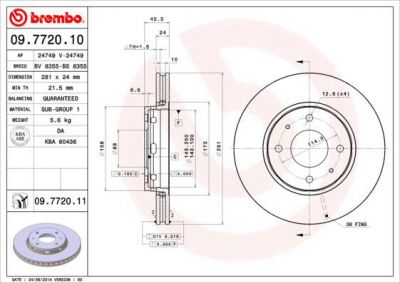 BREMBO Диск тормозной MITSUBISHI CARISMA 00-06/VOLVO S40/V40 передний вент.D=281мм. (заменен на 09.7720.11) (562088J, 09.7720.10)