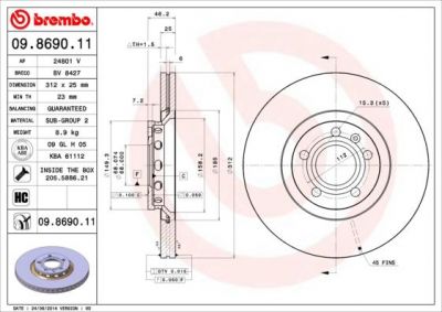 BREMBO Диск тормозной AUDI A4 00-/A6 97-05/VW PASSAT 00-05 передний D=312мм. (8E0 615 301 R, 09.8690.11)