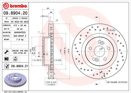 Brembo 09.8904.20 тормозной диск на RENAULT MEGANE II (BM0/1_, CM0/1_)