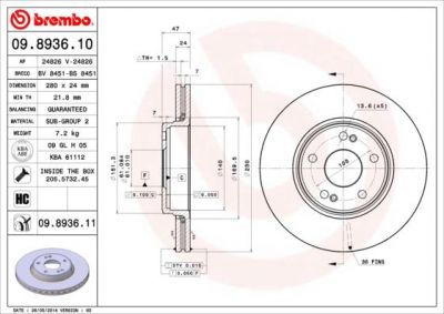 Brembo 09.8936.11 тормозной диск на RENAULT LAGUNA II Grandtour (KG0/1_)