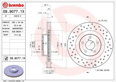 BREMBO Диск торм.ПЕРФОРИРОВАННЫЙ SUBARU FORESTER 03-/IMPREZA 94-/LEGACY 03- пер.вент. (09.9077.1X)