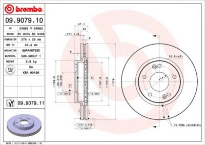 BREMBO Диск тормозной HYUNDAI SANTA FE (SM) 01-/TRAJET 00- передний D=276мм. (517123B000, 09.9079.10)