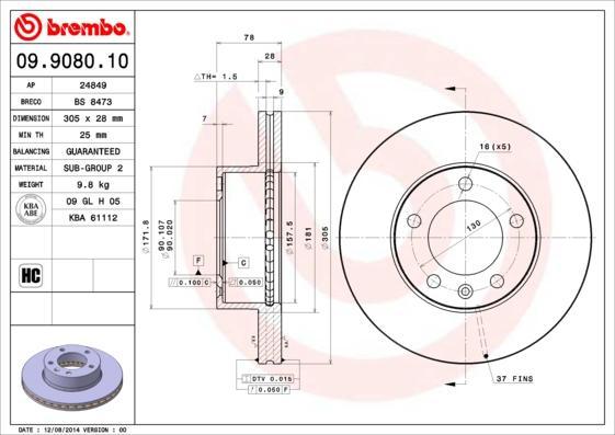 BREMBO Диск торм.пер.вент. OPEL Movano/RENAULT Master 98-> 4403038 (562190, 09.9080.10)
