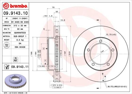BREMBO Диск тормозной TOYOTA LAND CRUISER J100 4.2D/4.7 98-07 передний вент. (09.9143.10, 09.9143.10)