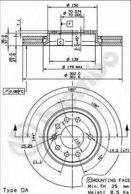 BREMBO Диск тормозной OPEL VECTRA C 1.8-3.2 02-/SAAB 9.3 1.8-2.2 02- передний D=302мм. (562222, 09.9162.14)