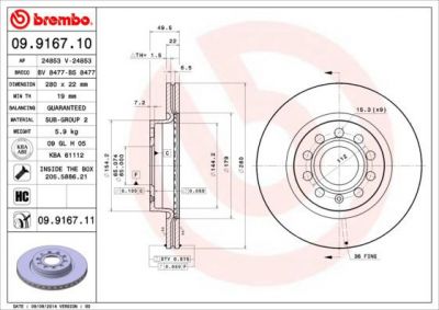 BREMBO Диск тормозной AUDI A3 03-/SKODA OCTAVIA/VW GOLF V/VI/JETTA III передний D=280мм крашенные (вместо 09.9167.10) (1K0615301AC, 09.9167.11)