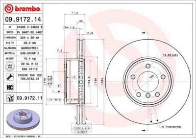 BREMBO Диск тормозной перед. вентил. E60/E65 3,0i-5,0i/3,0d 03-> (348X30mm) крашенные (вместо 09.9172.14) (34116753221, 09.9172.11)