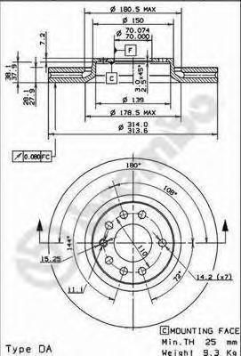 BREMBO Диск торм.пер.вент. OPEL Vectra C, SAAB 9-3 03- 569005 (562294J, 09.9177.10)